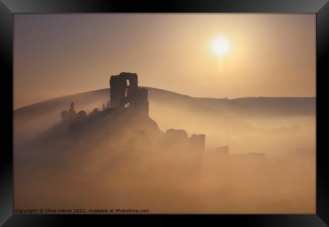Misty sunrise at Corfe Castle Framed Print by Chris Harris