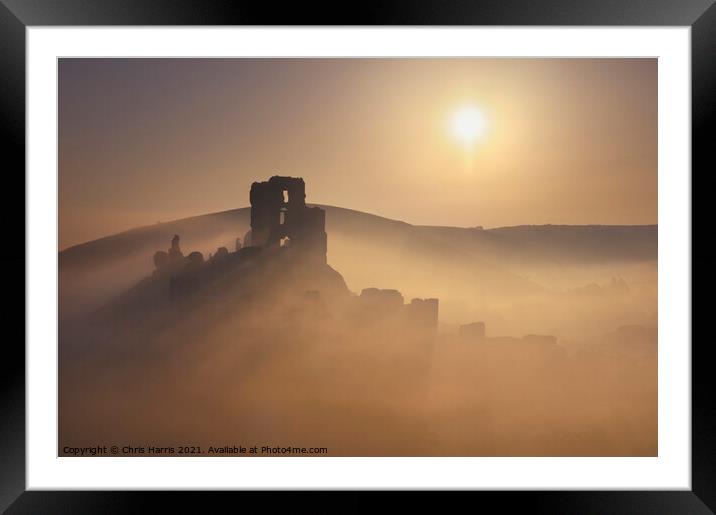 Misty sunrise at Corfe Castle Framed Mounted Print by Chris Harris