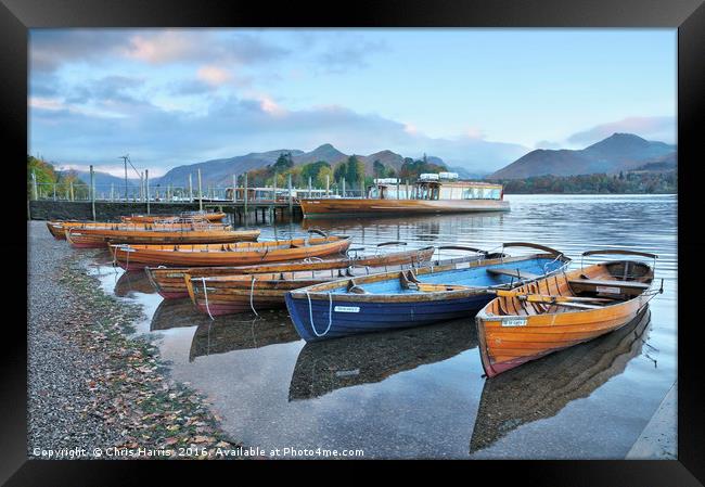 Derwentwater boats at sunrise, Lake District Framed Print by Chris Harris