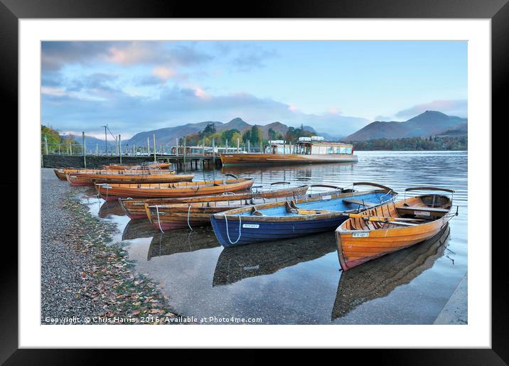 Derwentwater boats at sunrise, Lake District Framed Mounted Print by Chris Harris