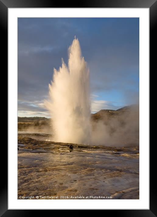 Strokkur geysur  errupting. Framed Mounted Print by Tom Dolezal