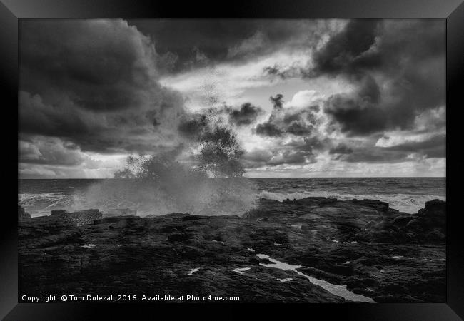 Lava field meets the sea - mono Framed Print by Tom Dolezal