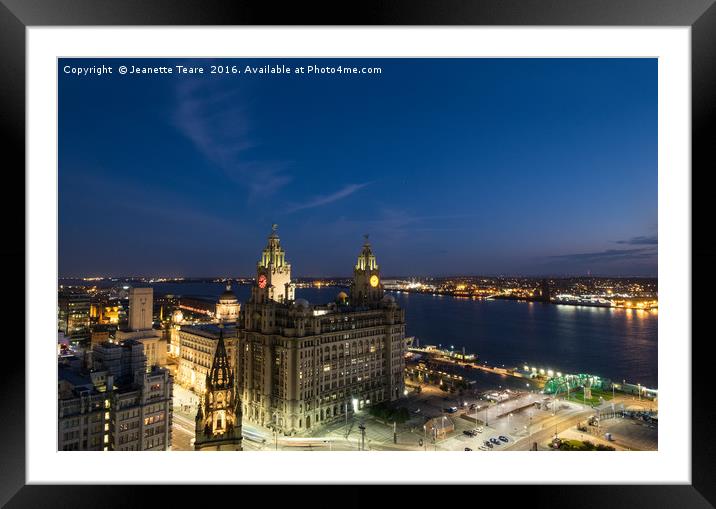 Liverpool liver building and River Mersey at night Framed Mounted Print by Jeanette Teare