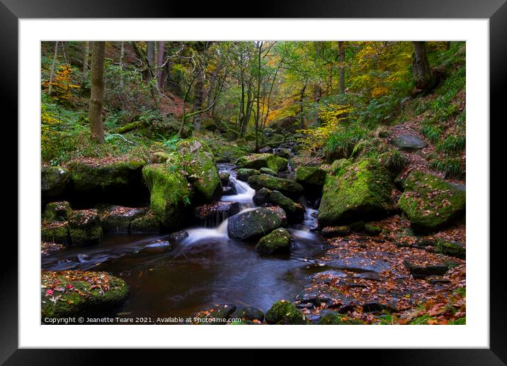 Padley Gorge waterfalls, autumn leaves and moss covered rocks in the Peak District Framed Mounted Print by Jeanette Teare