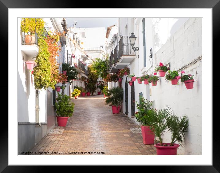 Street of the pink plantpots, Estepona Framed Mounted Print by Jeanette Teare