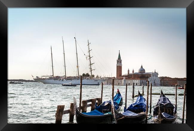 Gondolas and tall ships Framed Print by Jeanette Teare