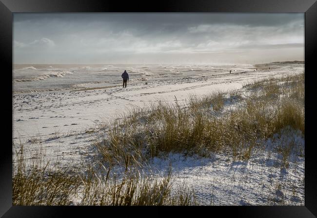 Person walking on a snowy beach Framed Print by GILL KENNETT