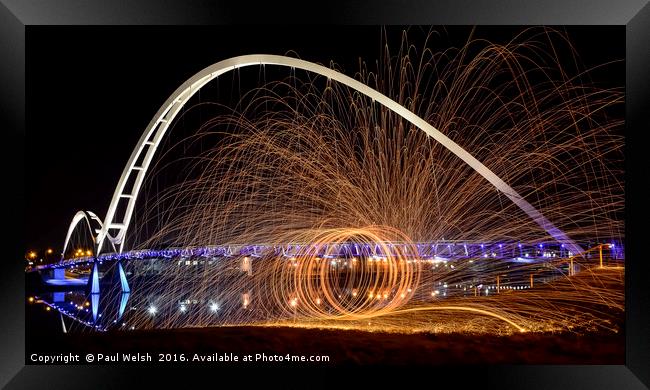 Fire Spinning At The Infinity Bridge Framed Print by Paul Welsh