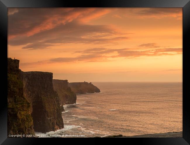 Sunset over the Cliffs of Moher Framed Print by JUDI LION