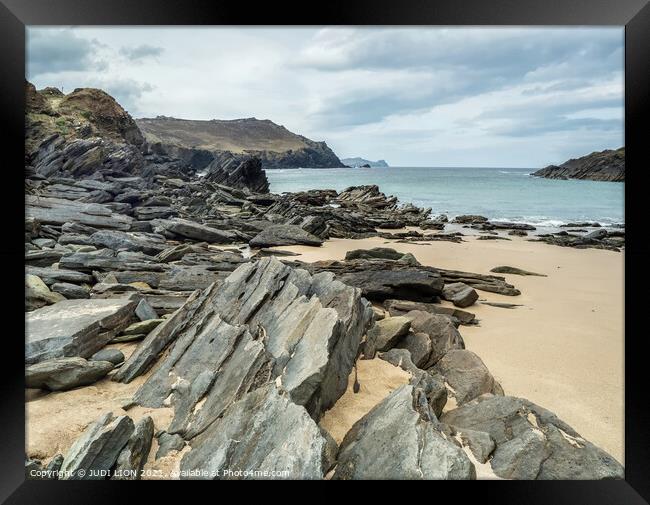 Rocks on Clogher Strand Framed Print by JUDI LION