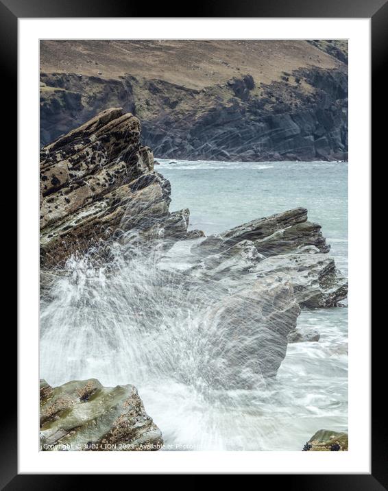 Wave crashing on rock Framed Mounted Print by JUDI LION