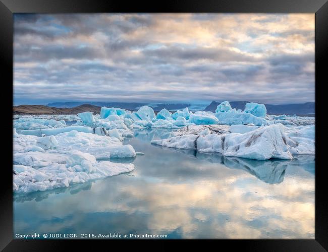 Late evening at Jokulslaron Ice Lagoon Framed Print by JUDI LION