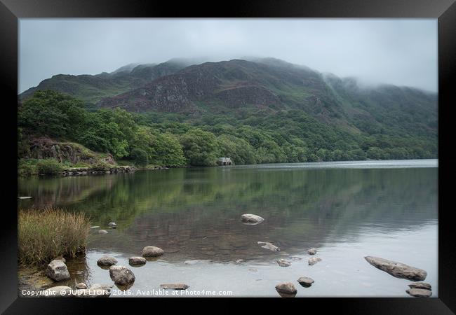 Llyn Dinas on a misty morning Framed Print by JUDI LION