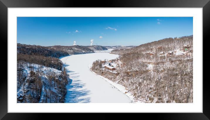 Aerial view down the frozen Cheat River in Morgantown, WV Framed Mounted Print by Steve Heap