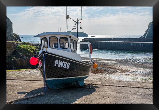 Fishing boat in old harbour at Mullion Cove in Cornwall Framed Print by Steve Heap