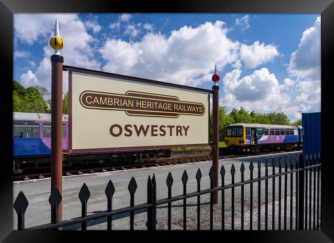 Oswestry railway station sign in Shropshire Framed Print by Steve Heap