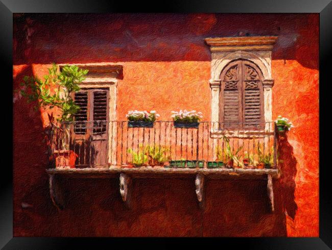 Digital oil painting of an old balcony in Verona Framed Print by Steve Heap