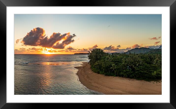 Aerial panorama of sunrise over Tunnels Beach Kauai Hawaii Framed Mounted Print by Steve Heap