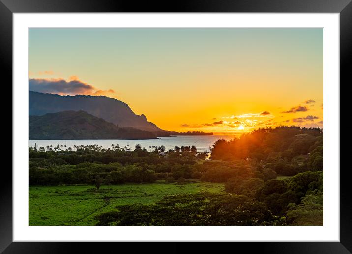 Sunset over Hanalei bay from overlook on the road Framed Mounted Print by Steve Heap