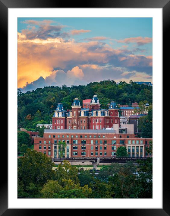 Brooks Hall and Woodburn Hall at sunset in Morgantown WV Framed Mounted Print by Steve Heap