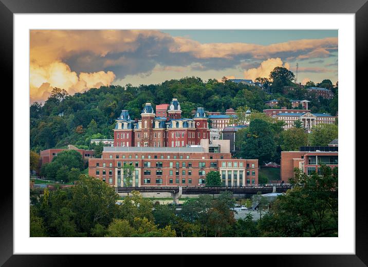 Brooks Hall and Woodburn Hall at sunset in Morgantown WV Framed Mounted Print by Steve Heap