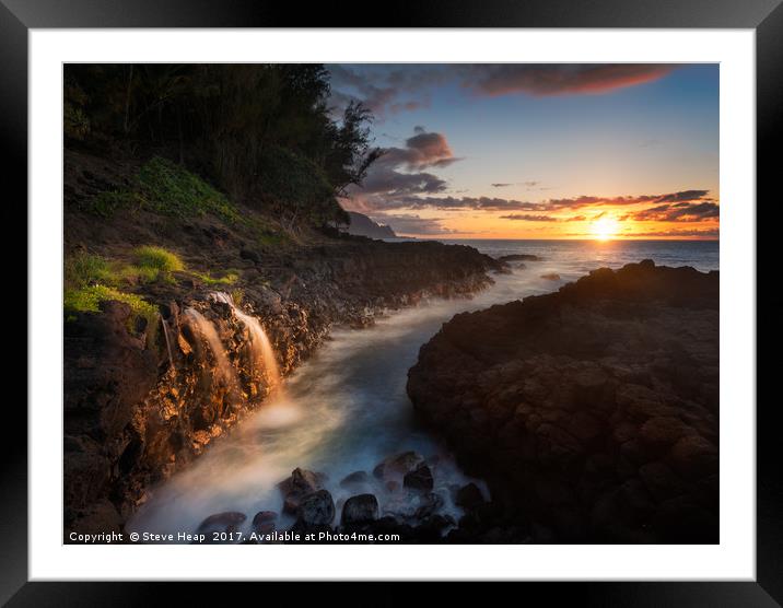 Waterfall near Queens Bath in Princeville Kauai Framed Mounted Print by Steve Heap