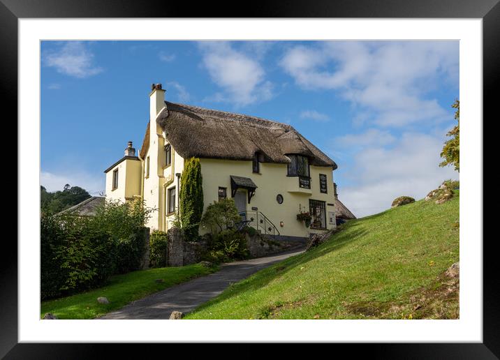 Thatched tea shop by the village green of Lustleigh in Devon Framed Mounted Print by Steve Heap