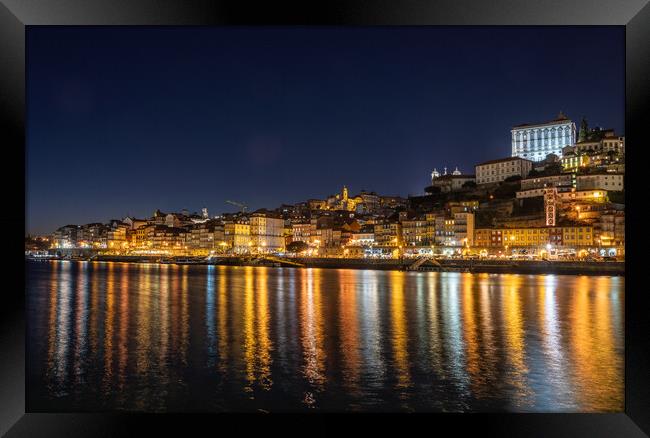 Night city skyline of Porto in Portugal Framed Print by Steve Heap
