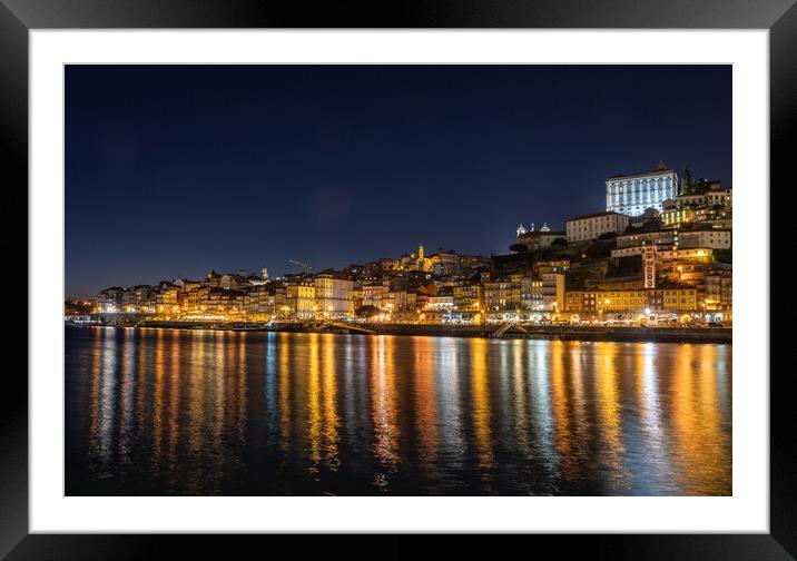 Night city skyline of Porto in Portugal Framed Mounted Print by Steve Heap