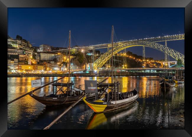 Rabelo boats of Porto in Portugal with bridge Framed Print by Steve Heap