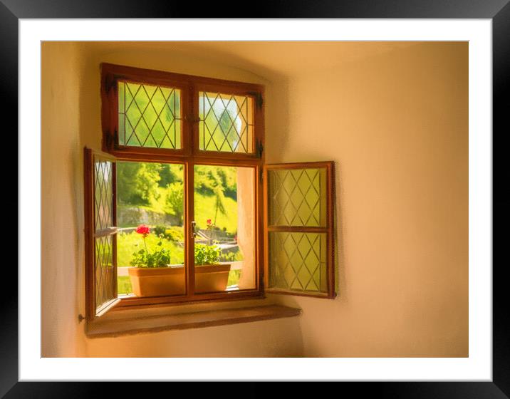 Window and seat in old castle in Slovenia Framed Mounted Print by Steve Heap