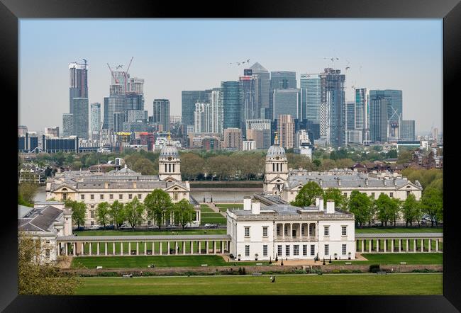 Queens House in Greenwich with Canary Wharf Framed Print by Steve Heap
