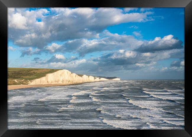 Seven Sisters chalk cliffs on stormy day Framed Print by Steve Heap