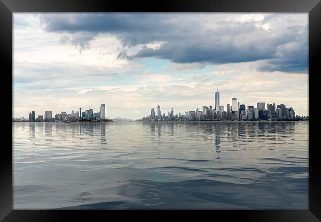 Panorama of Manhattan and Jersey City with artificial water Framed Print by Steve Heap
