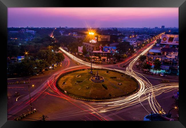 Light trails at Medical Square, Nagpur Framed Print by Indranil Bhattacharjee