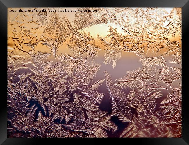 Norwegian sunset through frosted cabin window Framed Print by geoff shoults