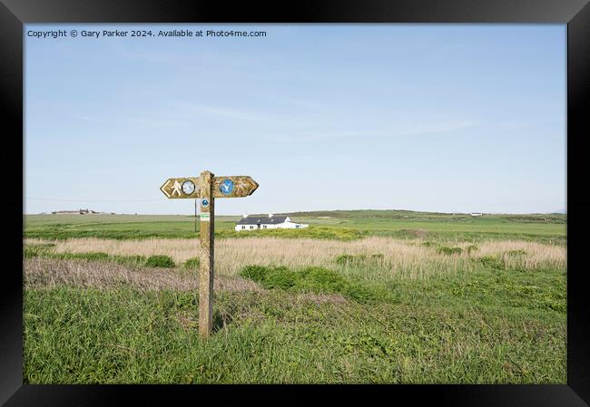 Wales Coastal path directional wooden sign. Location is Angelsey.  Framed Print by Gary Parker
