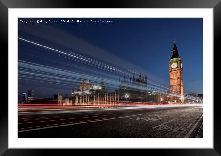 Westminster Bridge, London, at night, with traffic Framed Mounted Print by Gary Parker