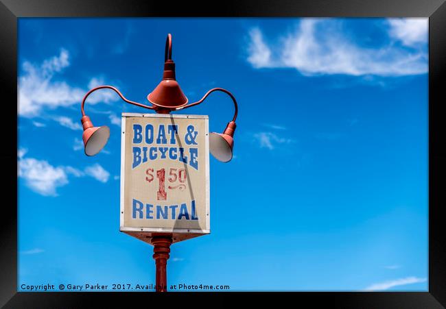 Boat and bikes for rent Framed Print by Gary Parker