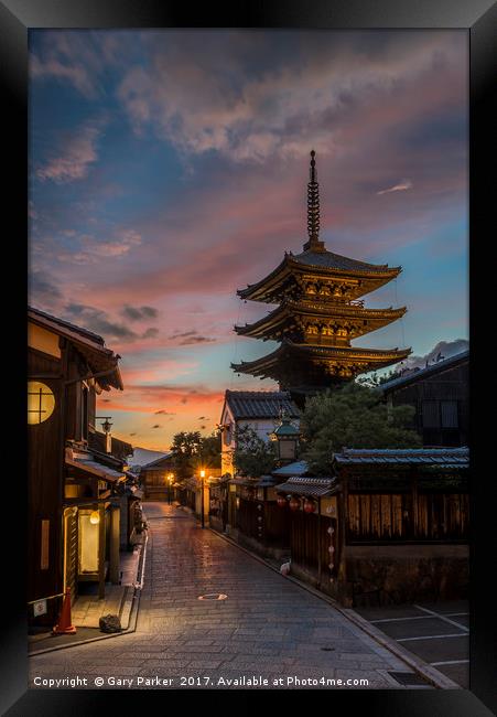 Japanese Pagoda, at sunset Framed Print by Gary Parker