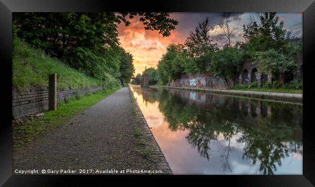 Dramatic sunset over a calm Birmingham Canal Framed Print by Gary Parker