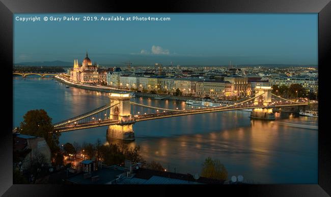 City lights of the Danube and Budapest at sunset, Framed Print by Gary Parker