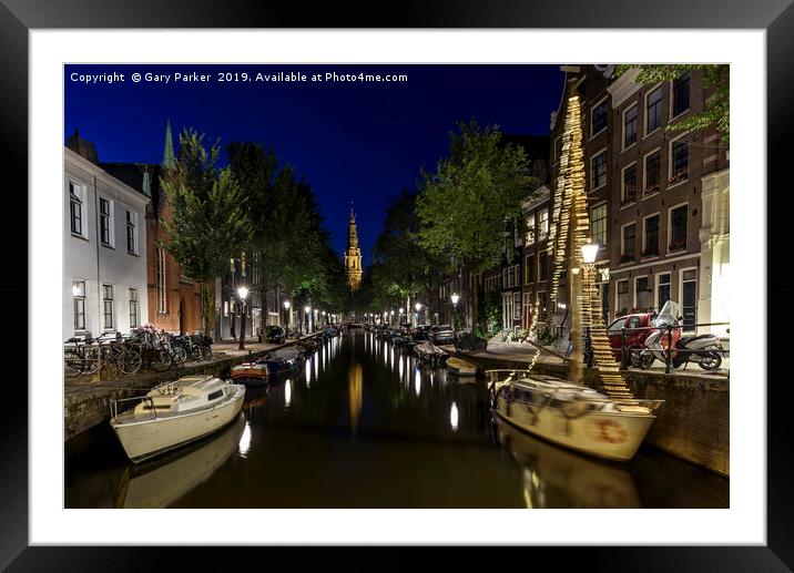 Amsterdam canal, at night Framed Mounted Print by Gary Parker