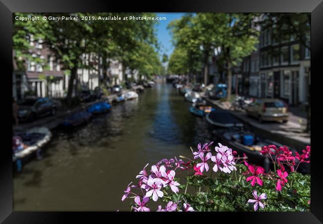 Summer flowers overlooking a canal in Amsterdam Framed Print by Gary Parker