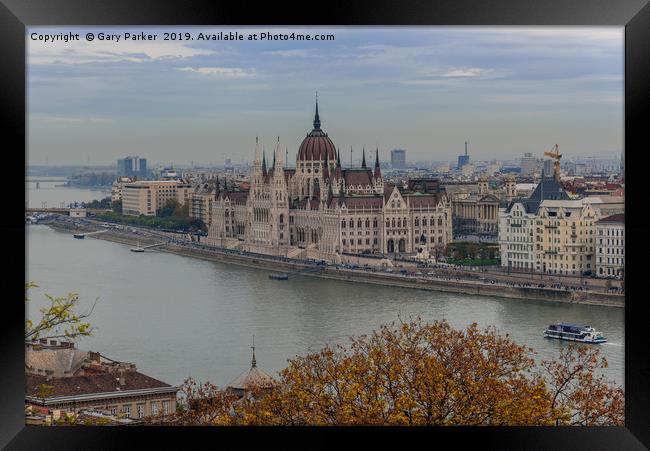 Budapest Parliament building on the river Danube Framed Print by Gary Parker