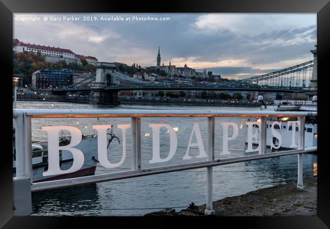 Budapest sign on the banks of the river Danube Framed Print by Gary Parker