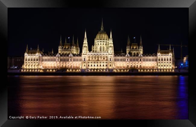 Hungarian Parliament building, in Budapest, night Framed Print by Gary Parker