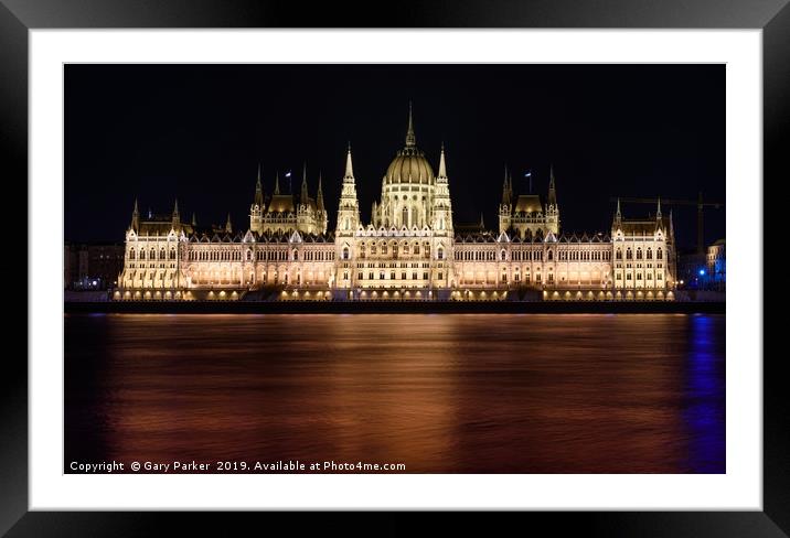 Hungarian Parliament building, in Budapest, night Framed Mounted Print by Gary Parker