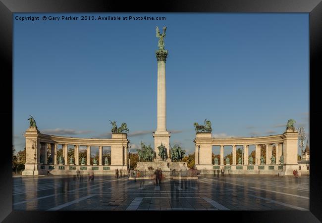 Hero's Square, Budapest, Hungary, on a bright, sun Framed Print by Gary Parker