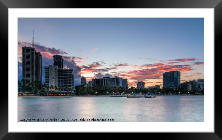 View of Waikiki beach skyline, at dawn in Summer Framed Mounted Print by Gary Parker